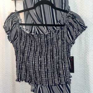 Women's Navy and White Striped Top and Skirt Set.